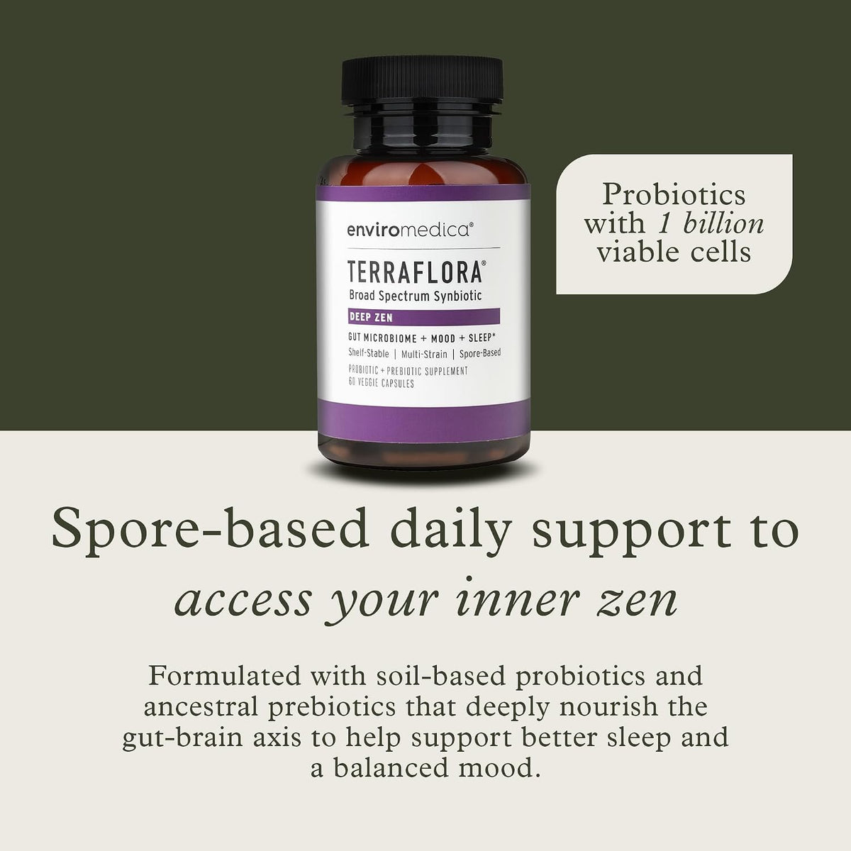 Enviromedica Terraflora Deep Zen Synbiotic - Spore Based Probiotics and Prebiotics for Gut Health & Mood Support, Organic Soil Based Probiotic Supplement for Men and Women 60 Capsules