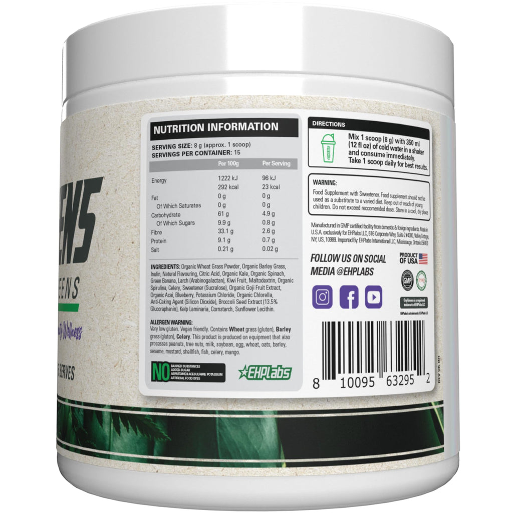 EHP Labs OxyGreens Super Greens Powder with Spirulina & Chlorella, Prebiotic Fiber, Probiotics & Digestive Enzymes – Antioxidant Green Superfood Supplement - 15 Serves (Pineapple)