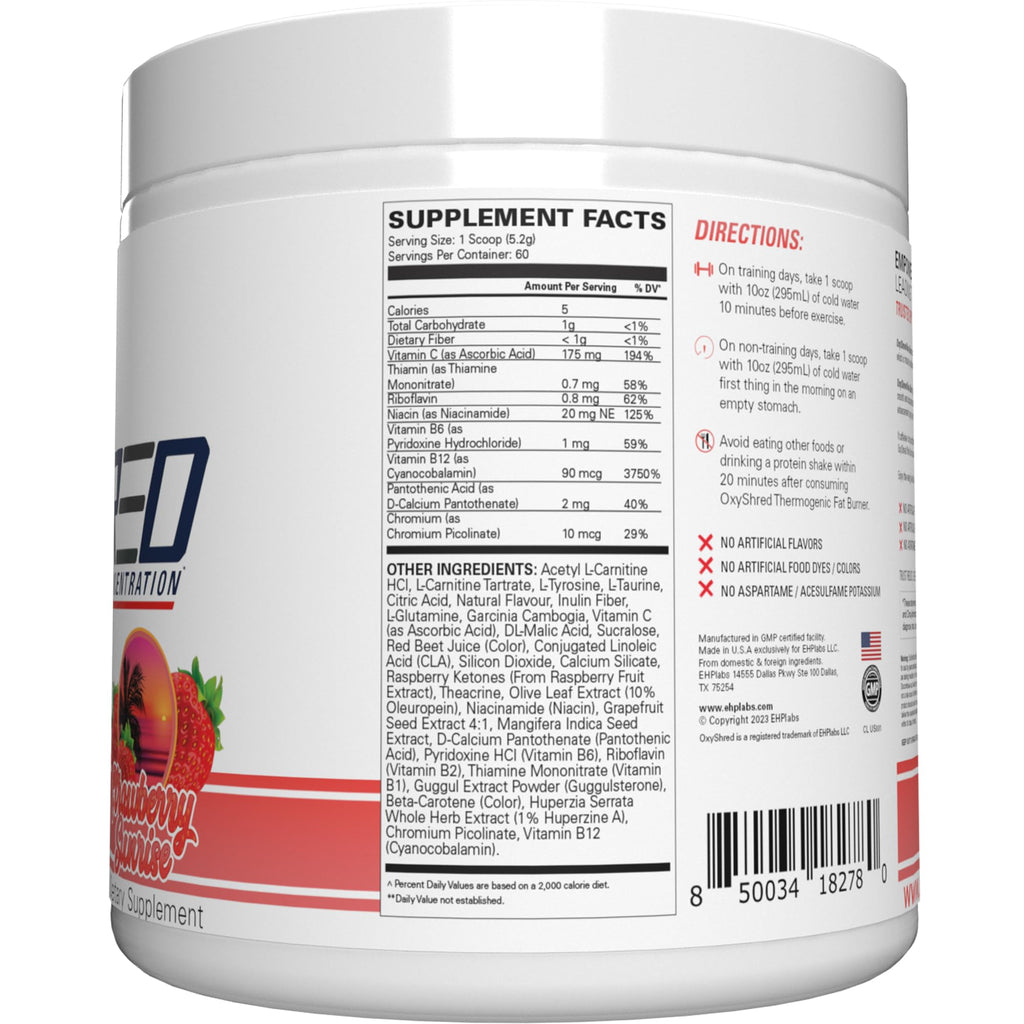 EHP Labs OxyShred Non Stimulant Pre Workout Powder - Stim Free Pre Workout, Caffeine Free Preworkout for Men & Women with L Glutamine & Acetyl L Carnitine - Peach, 60 Servings