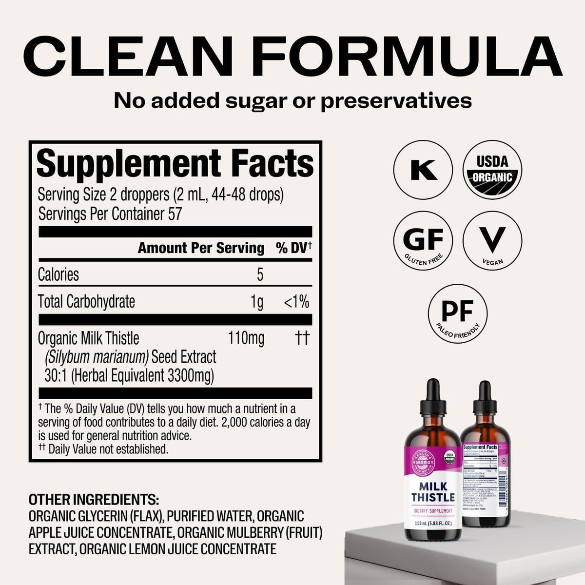 Vimergy Milk Thistle – Supports Liver Function* 57 2mL (2 Droppers or 44-48 Drops) Servings (110mg Extract Per Serving) for Healthy Digestion* – USDA Organic, Vegan, Gluten-Free – 115 mL