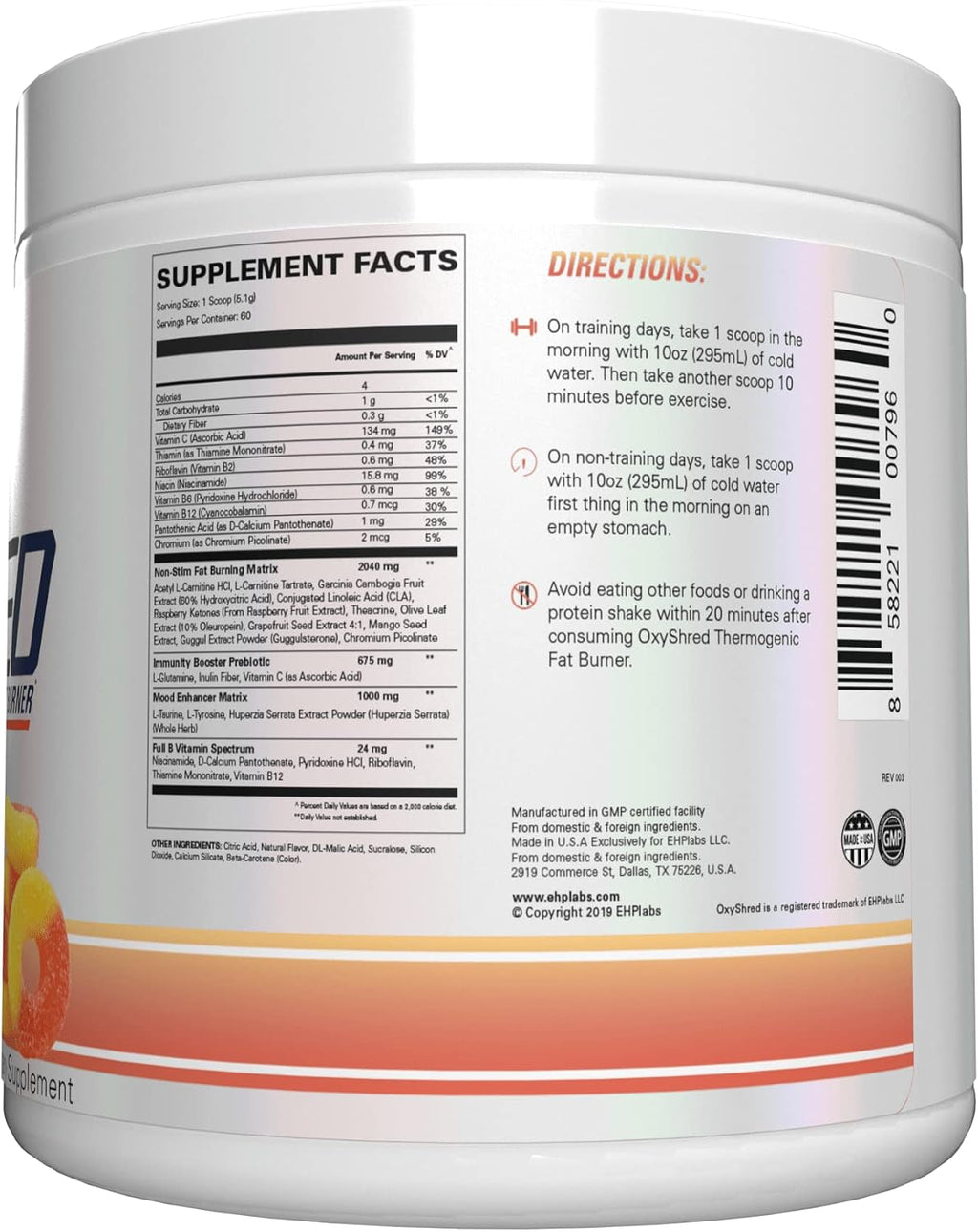 EHP Labs OxyShred Non Stimulant Pre Workout Powder - Stim Free Pre Workout, Caffeine Free Preworkout for Men & Women with L Glutamine & Acetyl L Carnitine - Peach, 60 Servings