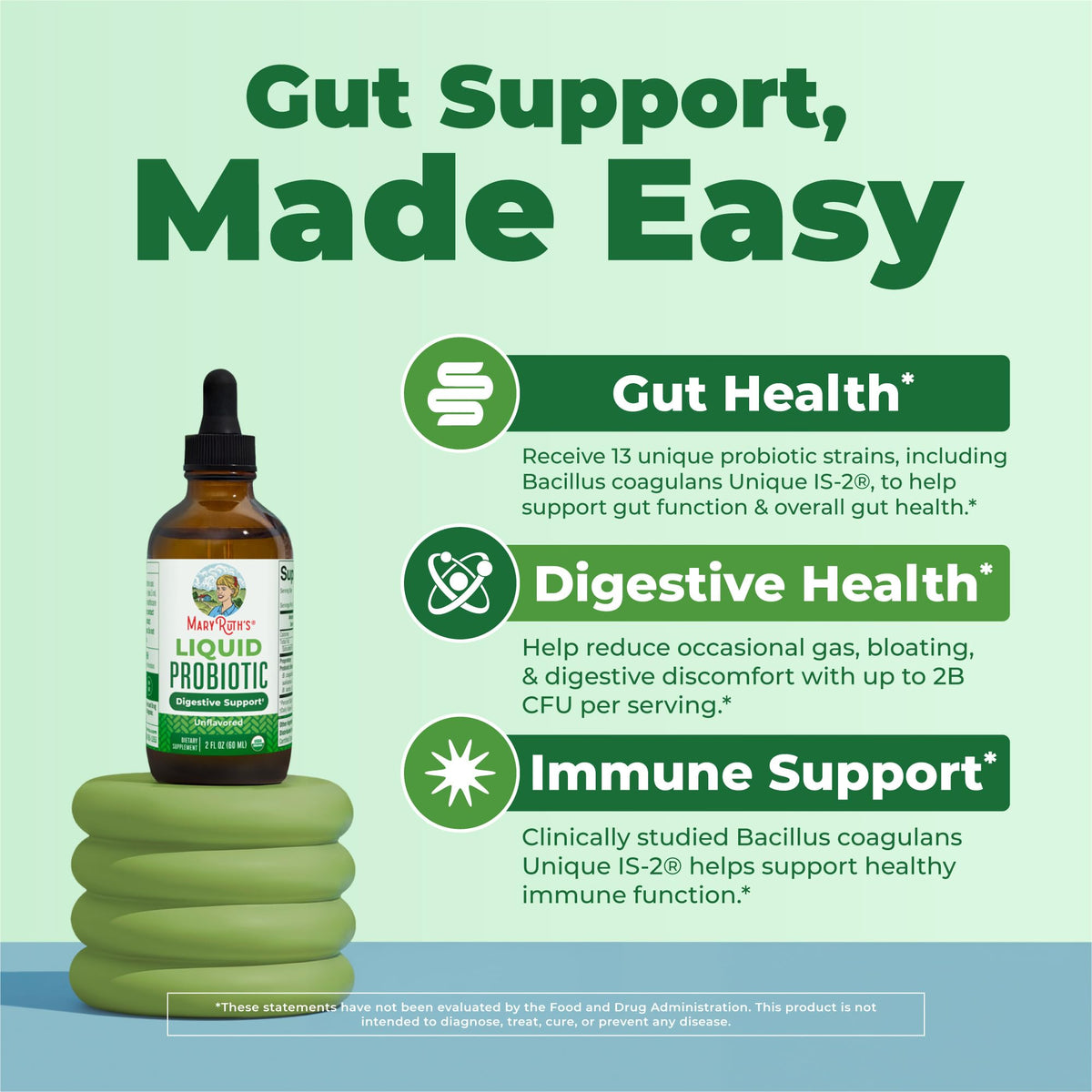 MARYRUTH'S Organics Liquid Probiotic for Ages 4+ | 2 Billion CFU | 13 Probiotic Strains | Gut Health & Digestive Support | Gas & Bloating Support | Vegan | Gluten Free | Travel-Friendly | 40 Servings