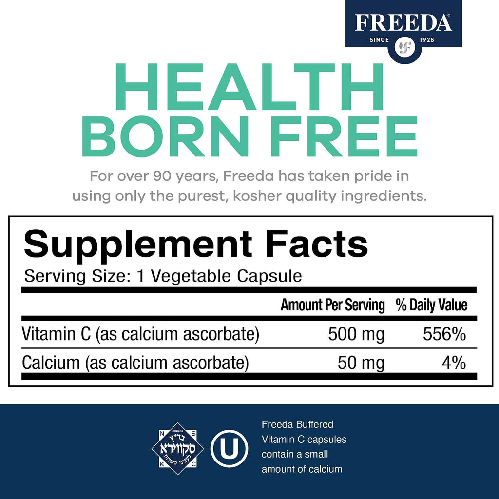 FREEDA Buffered Vitamin C 500mg for Immune Support – 100 Capsules | Includes 50mg Calcium – Supports Immune Health & Antioxidant Defense – Gentle on Stomachs, Kosher, Vegan, & Made in USA