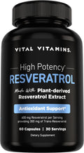Vital Vitamins Resveratrol, 600mg with 300mg Trans-Resveratrol | Antioxidant Support for Cellular Longevity & Cognitive Function, Non-GMO, 60 Capsules