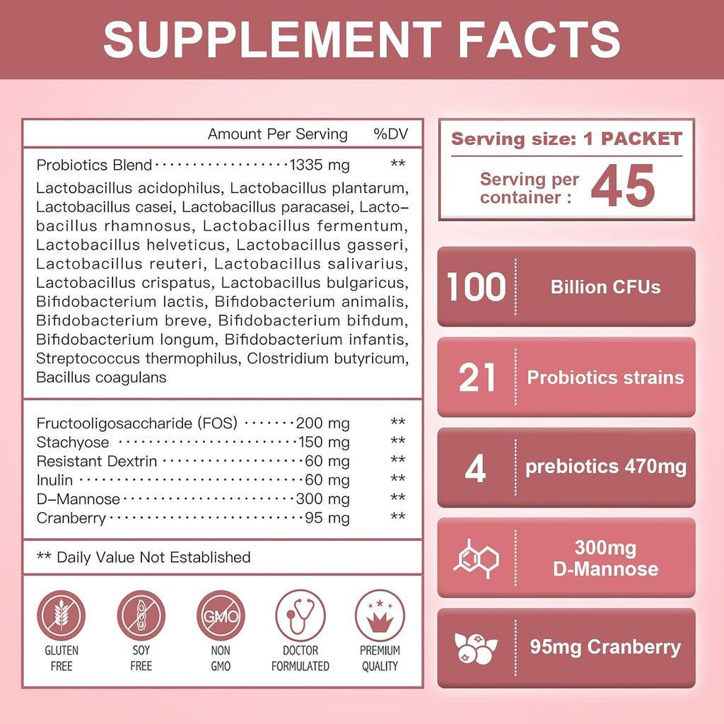 NATURE TARGET Women's Probiotics Powder, 100 Billion CFU, 45 Servings | Prebiotics, D-Mannose And Cranberry, Supports Urinary Tract, Gut, And Digestive Health For Women, Light Cranberry Flavor