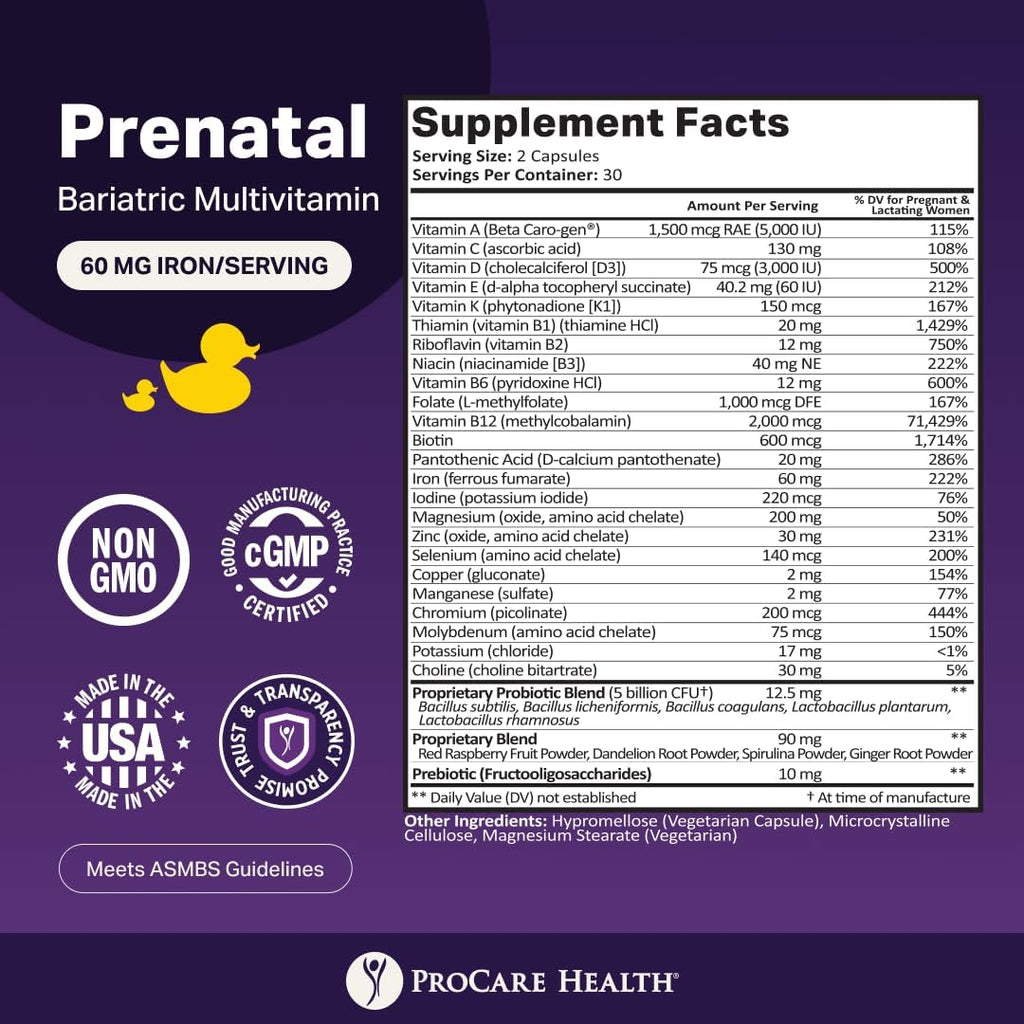 Prenatal Bariatric Multivitamin with Iron | Capsule | 60ct | Bariatric Vitamins for Gastric Bypass & Gastric Sleeve (1 Month Supply) - 60 Easy-to-Swallow Capsules for Women - Made in USA
