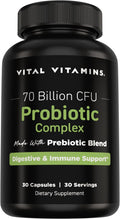 Vital Vitamins Probiotic Complex, 70 Billion CFU for Men & Women | 10-Probiotic Strain Blend with Prebiotic FOS, Supports Digestion & Immunity, Shelf-Stable, 30 Capsules