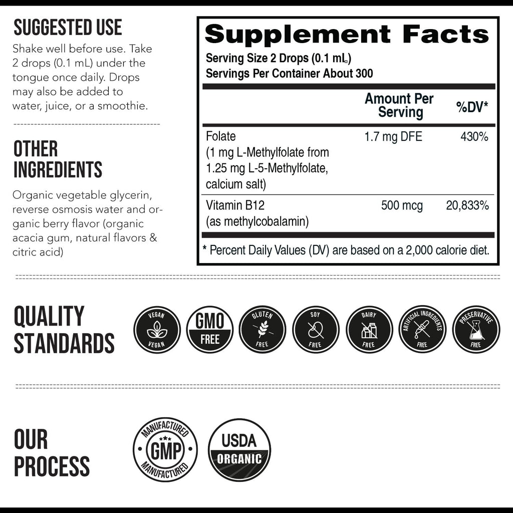 Organic Methyl Folate 1000 mcg + Methyl B12 Cofactor (300 Servings) – Metabolically Active 5-MTHF Form, Organic Berry Flavor, Liquid Sublingual Form – Mood, Cognition, Methylation, Pregnancy (1oz)