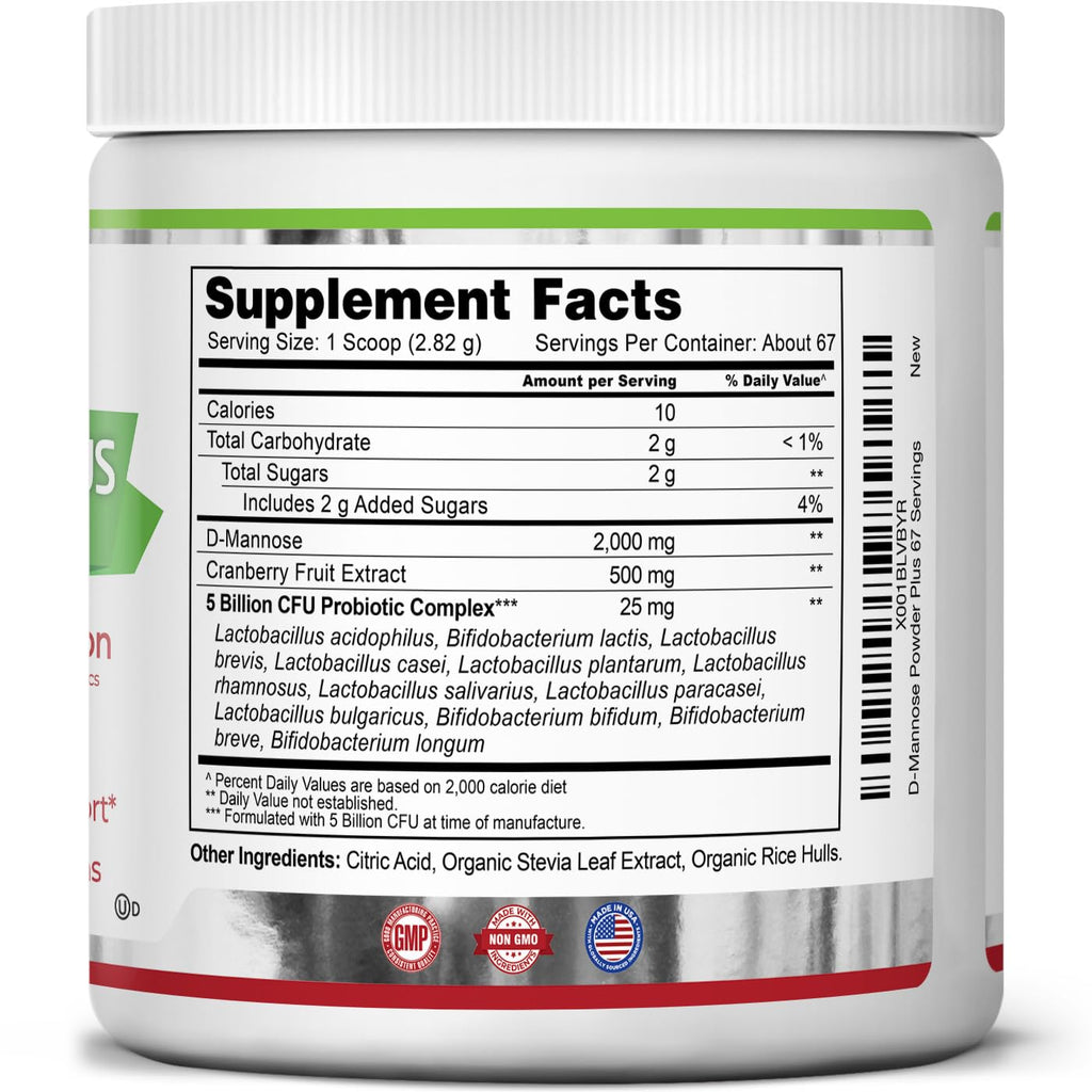 Zazzee D-Mannose Powder Plus, 2000 mg, 67 Servings, Plus 5 Billion CFU Probiotics and Pure Cranberry Juice Extract, Certified Kosher, Free Scoop, 6.67 oz, Urinary Tract Support, Non-GMO, All-Natural