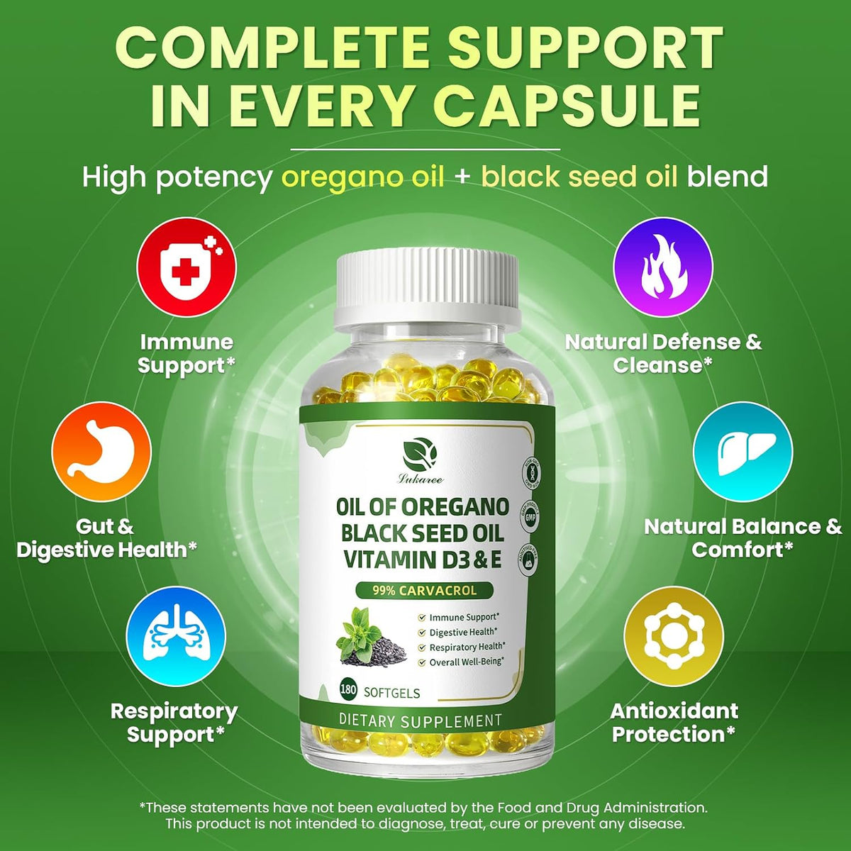 Oregano Oil Softgels with Black Seed Oil, 99% Carvacrol, 180 Ct, 3 Month | 5-in-1 with Vitamin D3 E Black Pepper, Immune, Respiratory, Digestive & Antioxidant*, Ultra-Concentrated, Easy to Swallow