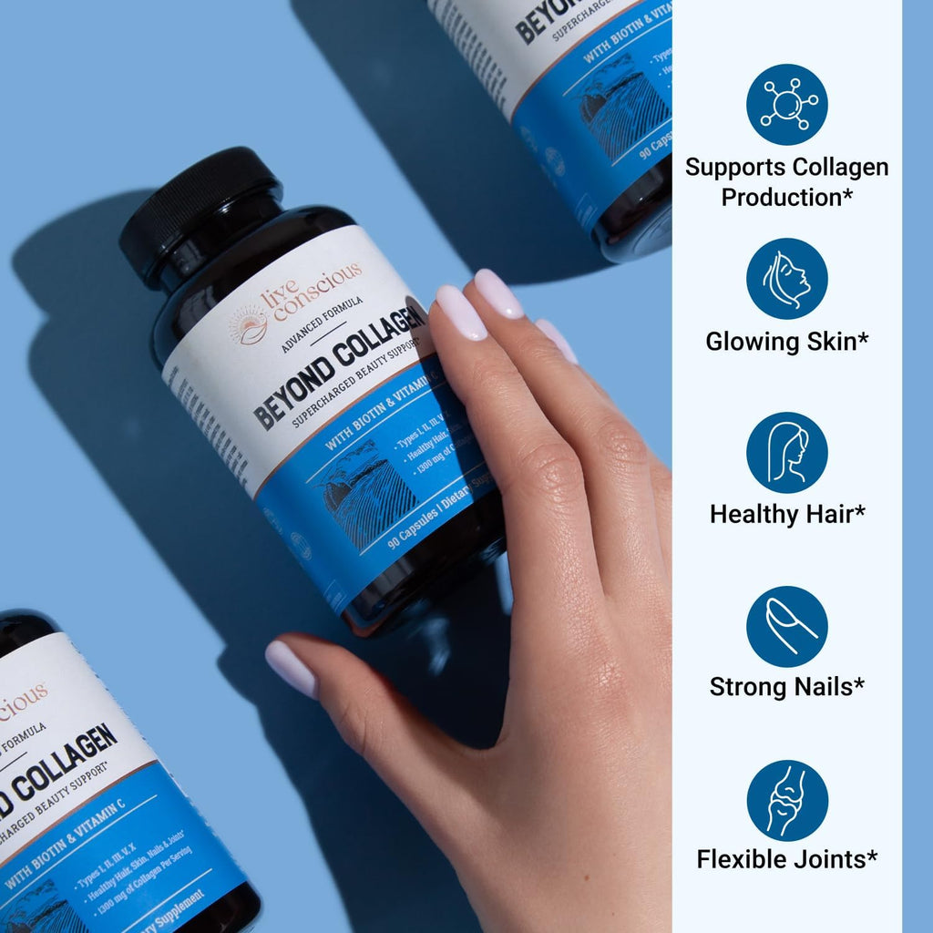 Live Conscious Beyond Collagen Multi Collagen Capsules - Types I, II, III, V & X - Hydrolyzed Blend with Biotin & Vitamin C for Hair, Skin, Nails 90 Capsules