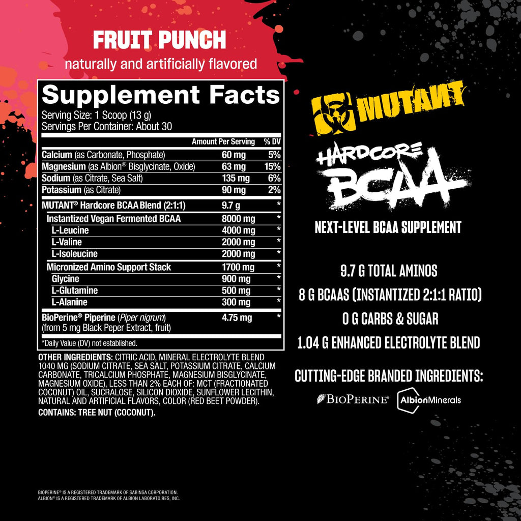Mutant Hardcore BCAA - Pre, Intra or Post Workout – BCAA Next Level branched-Chain Amino Acids Supplement – Hydration + Recovery - 30 Serving - Blue Raspberry