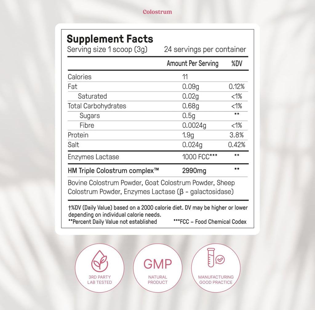 Happy Mammoth Triple Source Colostrum Powder Supplement for Gut Lining Maintenance | High in Immunoglobulins & Lactoferrin | Bovine, Sheep, Goat | Grass-Fed, European Ethical Sourced |24 Servings