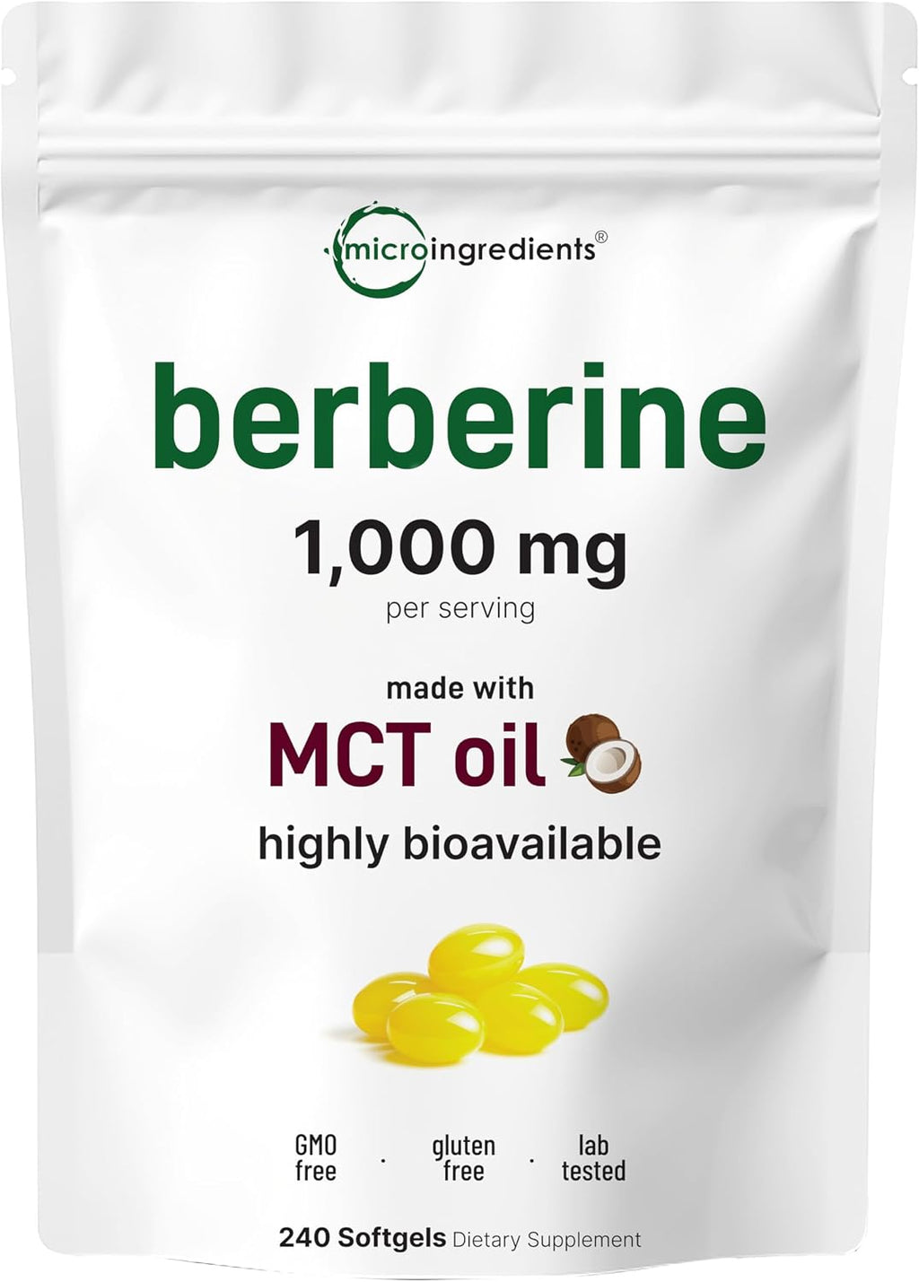 Micro Ingredients Berberine 1000mg with MCT Oil, 240 Softgels | Berberine HCl Supplement | Sourced from Berberis Aristata | Non-GMO, Gluten Free, No Soy