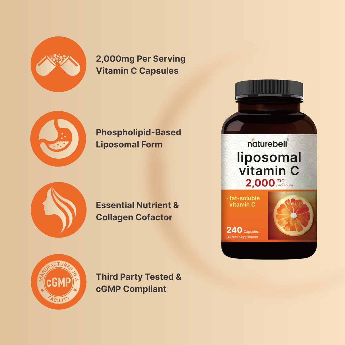NatureBell Liposomal Vitamin C 2,000mg Per Serving, 240 Capsules | Fat-Soluble Vitamin C – Daily Vitamin Supplement for Men & Women – Non-GMO, Gluten Free