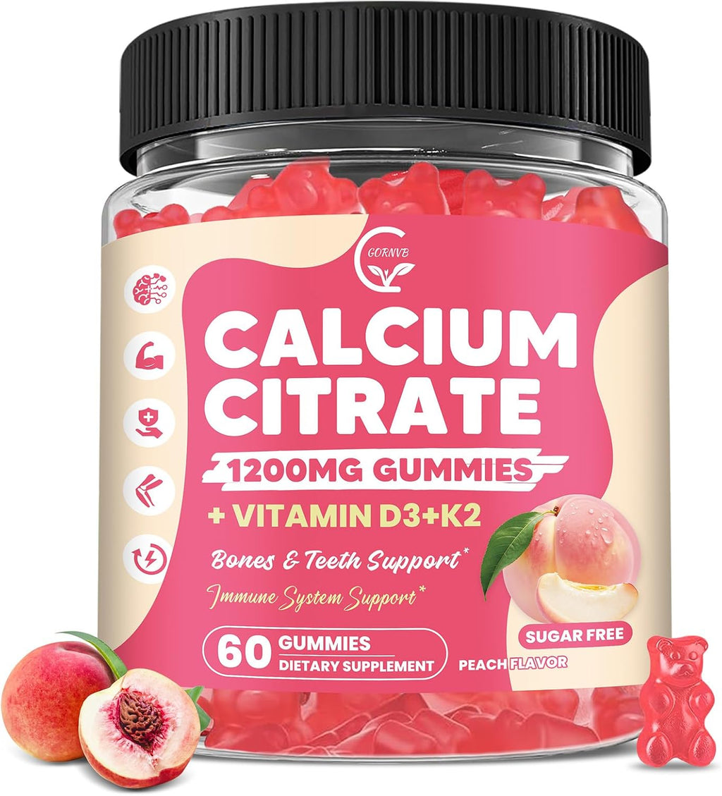 Calcium Citrate Gummies 1200 mg with Vitamin D3, K2 for Bone, Muscle & Immune Support, High Absorption Chewable Calcium Supplements for Women & Men, Sugar Free, Vegan, Peach Flavor, 60 Chews