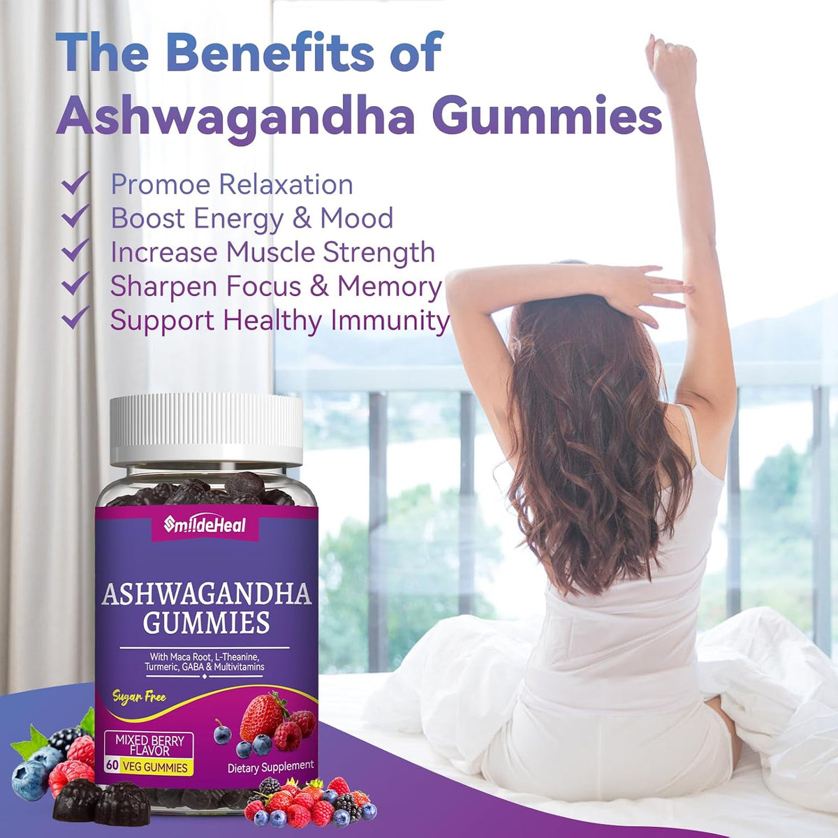 Ashwagandha Gummies 3000mg for Calm & Stress Relief, 60 Count, Vegan | Ashwagandha High Strength Root Extract Supplement with L-Theanine, Trumeric, D3 for Women & Men - Natural Mixed Berry Flavor