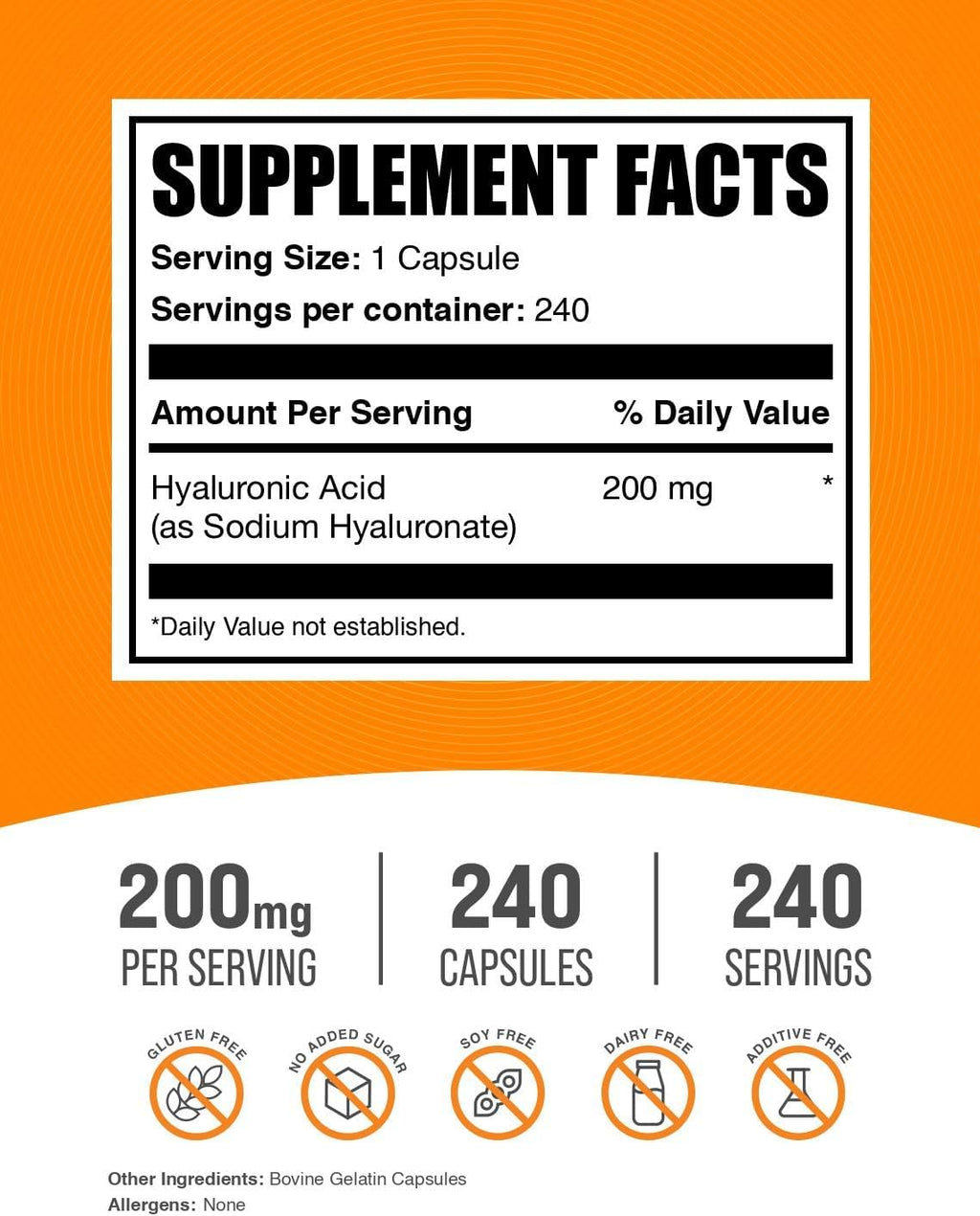 BulkSupplements.com Hyaluronic Acid Capsules - Hyaluronic Acid Supplements, Hyaluronic Acid 200mg - Pure & Gluten Free, 1 Capsule per Serving, 240 Count (Pack of 1)