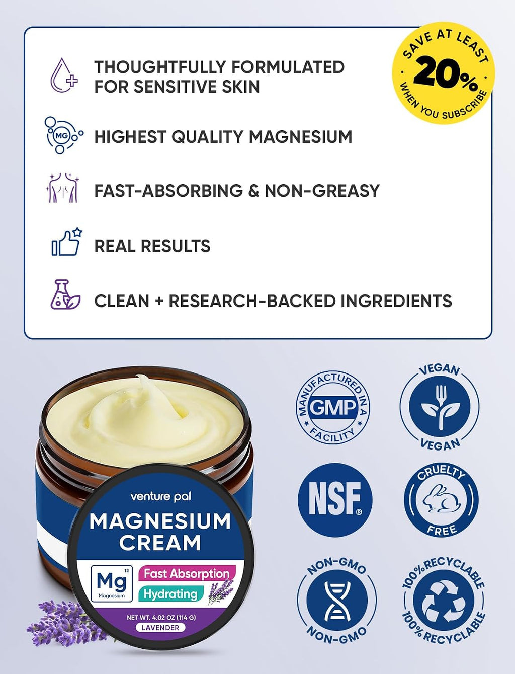 Venture Pal Topical Magnesium Cream, Highly Concentrated Magnesium Lotion | Fast-Absorbing Magnesium Moisturizing Cream with Coconut Oil, Shea Butter & Hyaluronic Acid; Suitable for Kids