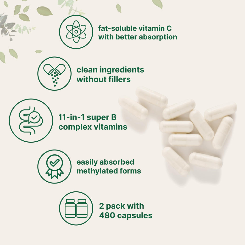 Micro Ingredients Pure Methylated B Complex Vitamins, 240 Capsules | 11-in-1 with Methylfolate, Methylcobalamin B12 & P5P + Fat-Soluble Vitamin C, Choline & Inositol. Filler Free, Non-GMO.