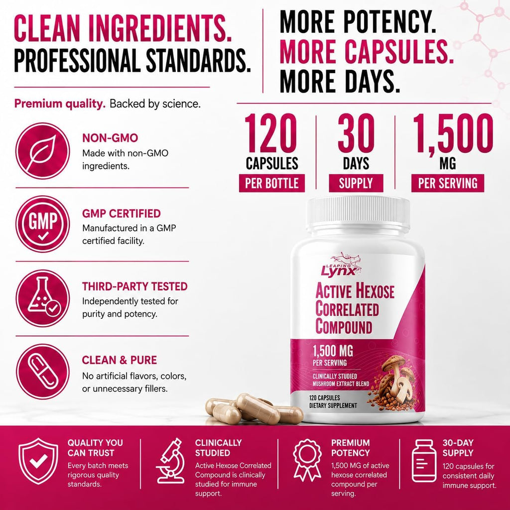 Active Hexose Correlated Compound 1500 mg, Clinically Studied Mushroom Extract for Immune System Support & Cellular Defense | 120 Capsules (40-Day Supply) | Non-GMO, Shiitake, Lion's Mane, Turkey Tail