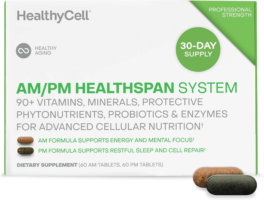 HealhtyCell AM/PM Healthspan System - 60 AM Tablets & 60 PM Tablets | 90+ Vitamins, Minerals, Protective Phytonutrients, Probiotics & Enzymes for Advanced Cellular Nutrition