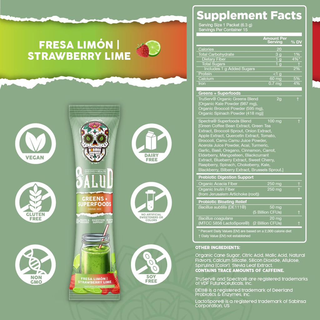 Salud 2-Pack | 2-in-1 Greens Powder + Superfood Drink Mix Packets, Peach Mango & Strawberry Lime, 15 Servings Each, 20+ Fruits and Veggies, Supports Digestive Health, Bloating Relief