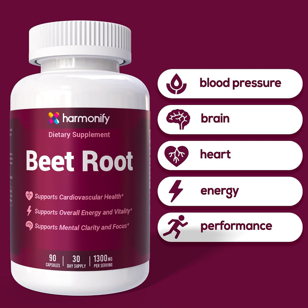 Beet Root Capsules, Pure Beetroot Powder 1300 mg, Circulation Support Supplement, Vegan, Non-GMO, Gluten-Free – 90 Vegetable Capsules