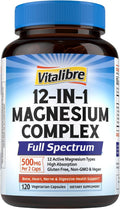 Vitalibre 12 in 1 Magnesium Complex 500mg for Women Men, 120 Vegan Capsules | Max Absorption Chelated Magnesium Glycinate Citrate Malate & More for Bone, Nerve & Digestive Support | Non-GMO