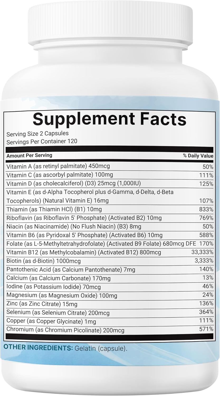 Micro Ingredients Pure Methylated Multivitamin Supplement, 240 Capsules | 19-in-1 Formula with Methylfolate, Methyl B12, Vitamins C, D, Magnesium & Zinc. For Women & Men. Iron Free, Filler Free.