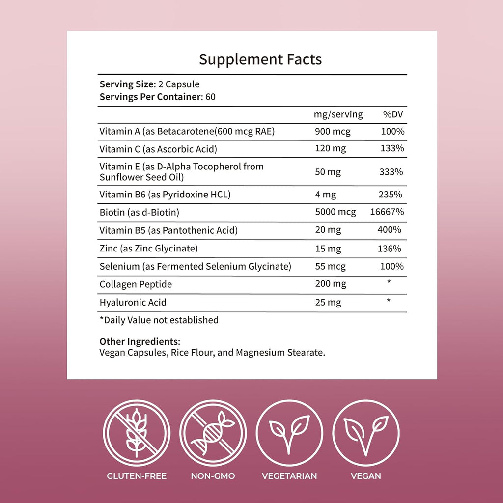Hair Skin & Nails Vitamins Supplement for Women,with Biotin,Collagen Peptides,Hyaluronic Acid,Vitamin A, C, E, B5,B6,Support Skin Moisture and Suppleness,Hair and Nails Health,120 Capsules