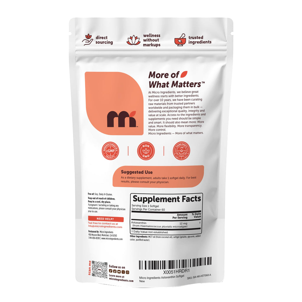 Micro Ingredients Astaxanthin 12mg Per Serving with MCT Oil, 120 Softgels | 4 Month Supply. Natural Microalgae Sourced Astaxanthin Supplement. Easy-to-Swallow. Non-GMO, Gluten Free, Soy Free.