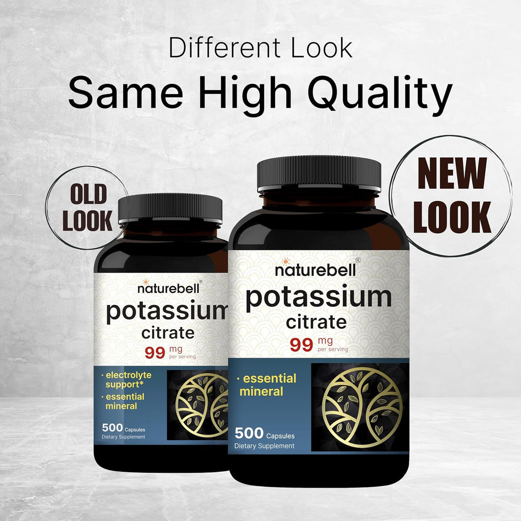NatureBell Potassium Citrate 99mg, 500 Capsules - Chelated Mineral Supplements - Non-GMO, Gluten Free