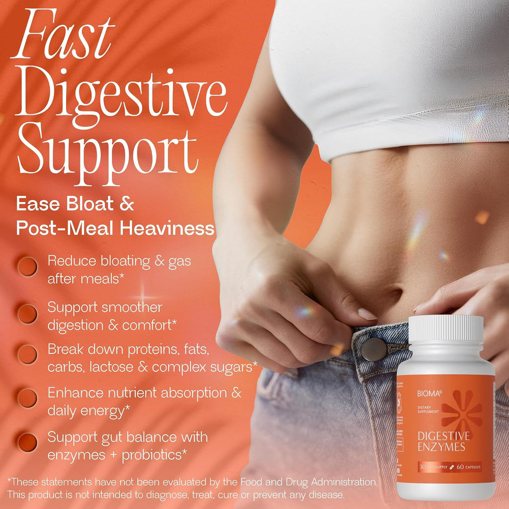 BIOMA Digestive Enzymes Supplement with Probiotics & Prebiotics, Supports Digestion and Gut Health, Helps Reduce Bloating and Gas, Daily Enzyme Formula Capsules