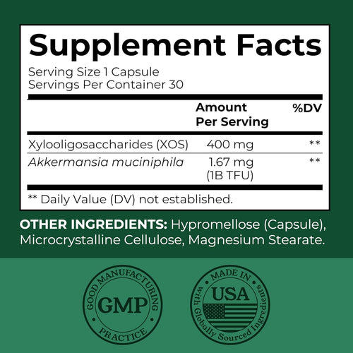 Akkermansia Muciniphila Supplement With Prebiotics, 30 Capsules | 1 Billion CFU With XOS Prebiotic - Supports Gut Health, Mirobiome Balance & Digestive Health - Gluten Free