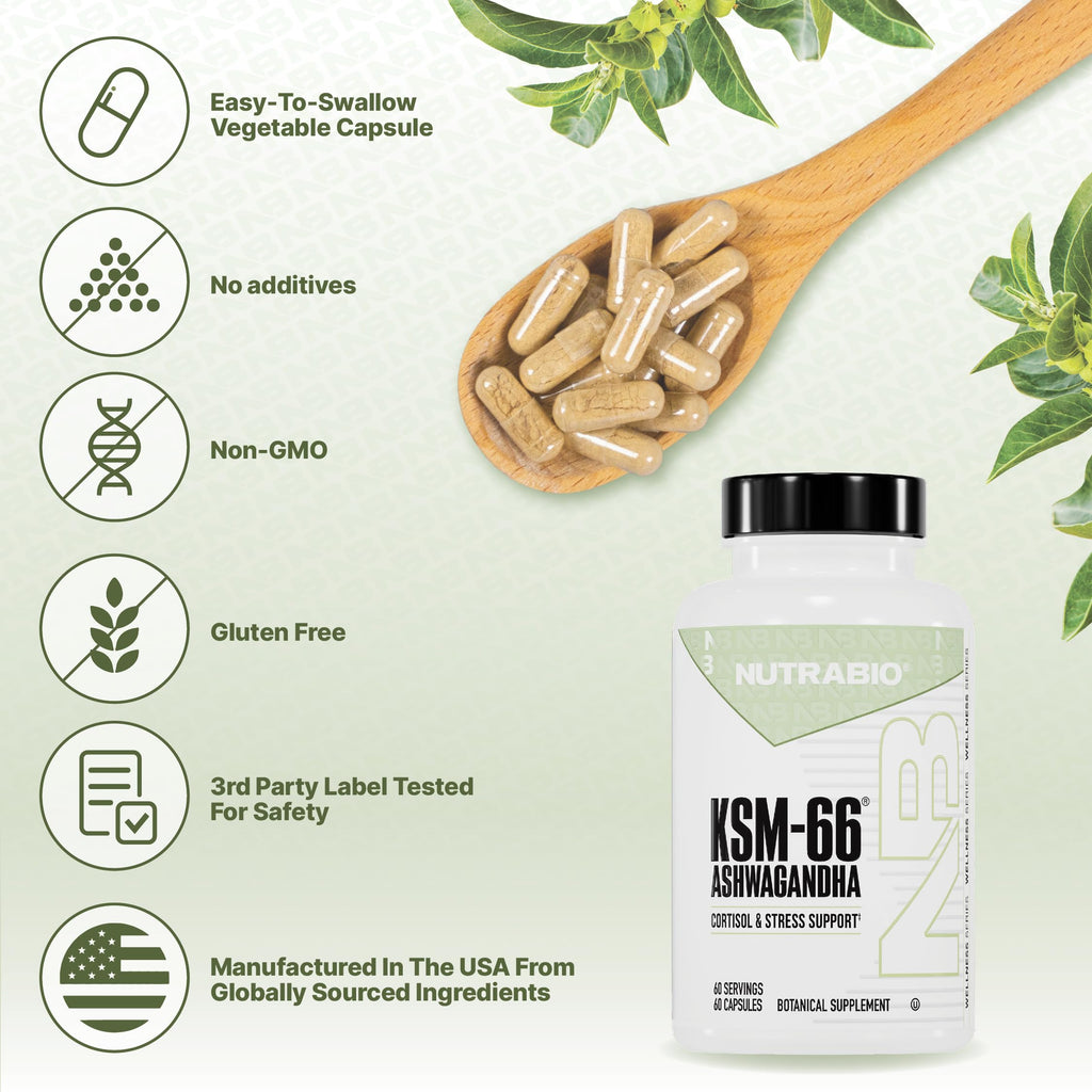 NutraBio Ashwagandha KSM-66 | Ashwagandha Herbal Supplement for Stress, Mood, & Performance | 600 MG of Clinically Studied KSM66 60 Capsules