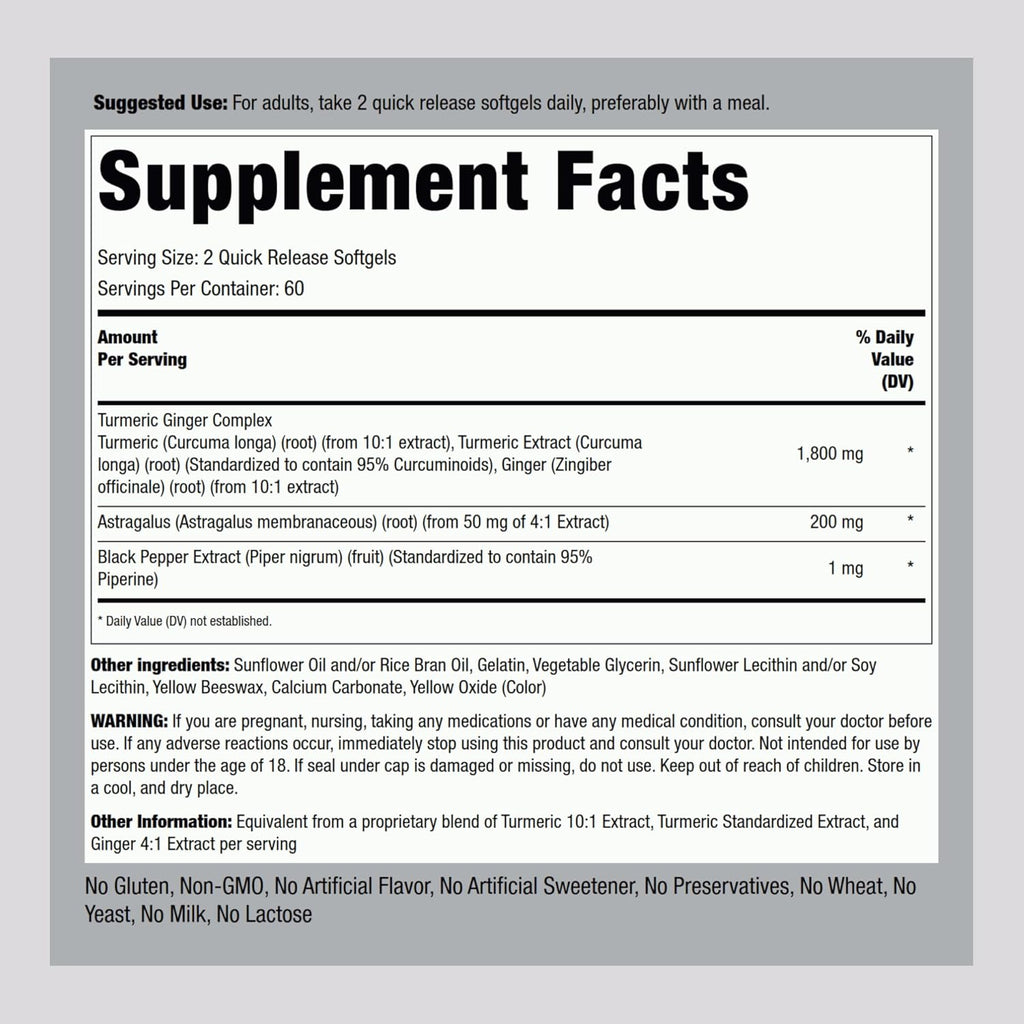 Piping Rock Turmeric and Ginger Supplement | 120 Softgel Capsules | with Black Pepper Extract | Herbal Extract Complex | Non-GMO, Gluten Free