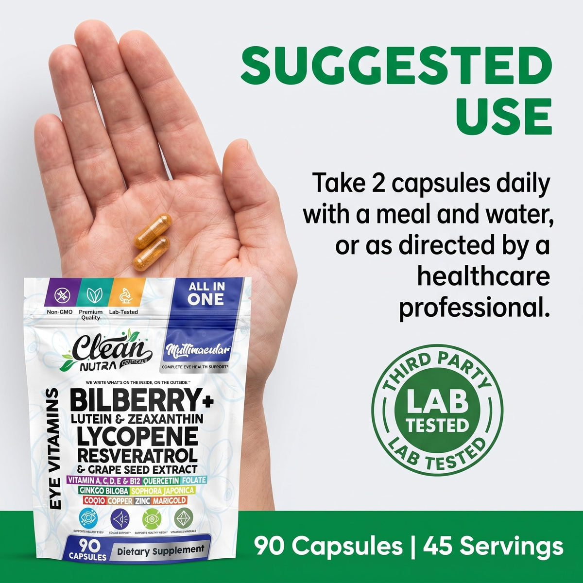 Clean Nutra Eye Vitamins with Bilberry Lutein and Zeaxanthin Supplements Lycopene 40mg Resveratrol Grape Seed Astaxanthin for Eyes - Eye Care Health Support Eye Vitamin and Mineral Supplement