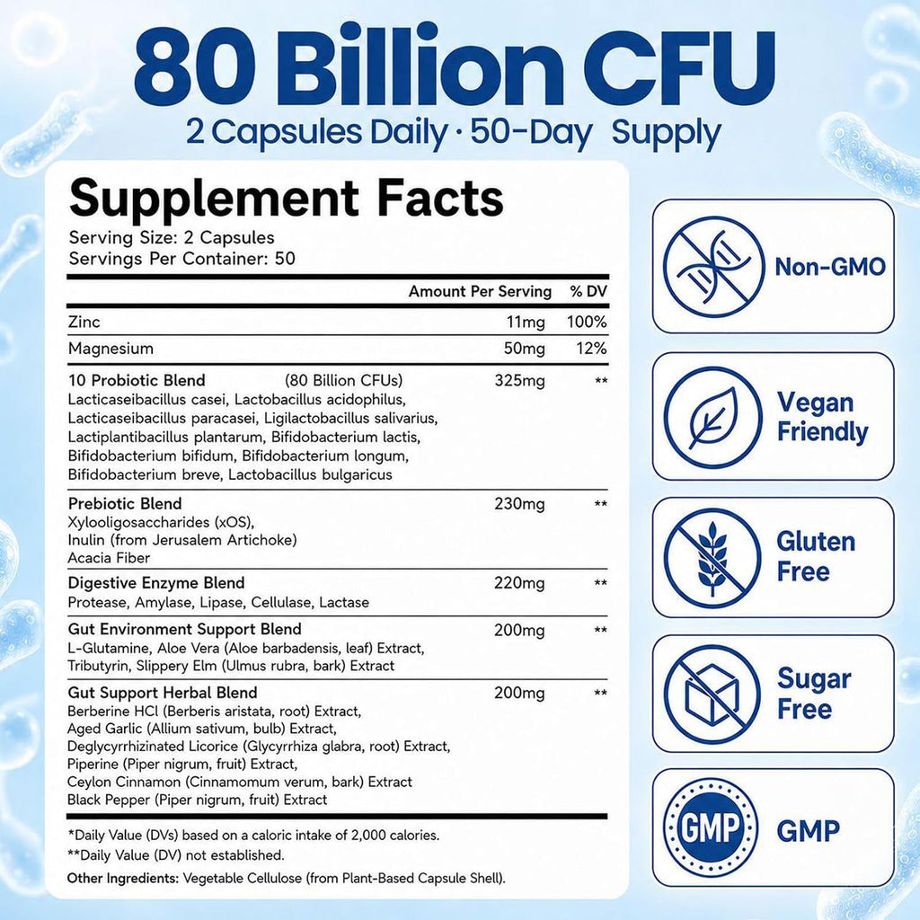 Gut Health Capsule Supplement, Supports Microbiome, Leaky Gut, and Digestion, with 80 Billion CFU Probiotics, Prebiotics, Digestive Enzymes, 30-in-1 Gut Health Supplement, 100 Capsules