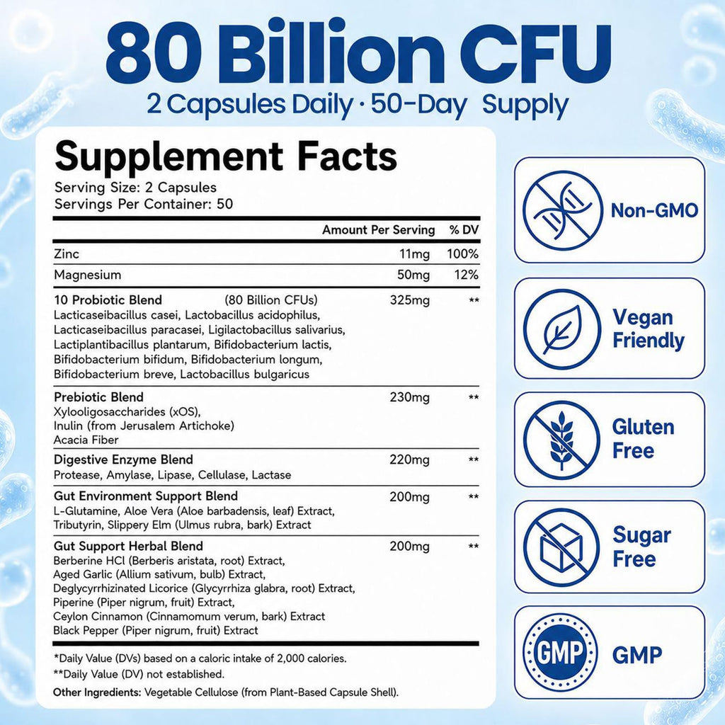 Gut Health Capsule Supplement, Supports Microbiome, Leaky Gut, and Digestion, with 80 Billion CFU Probiotics, Prebiotics, Digestive Enzymes, 30-in-1 Gut Health Supplement, 100 Capsules