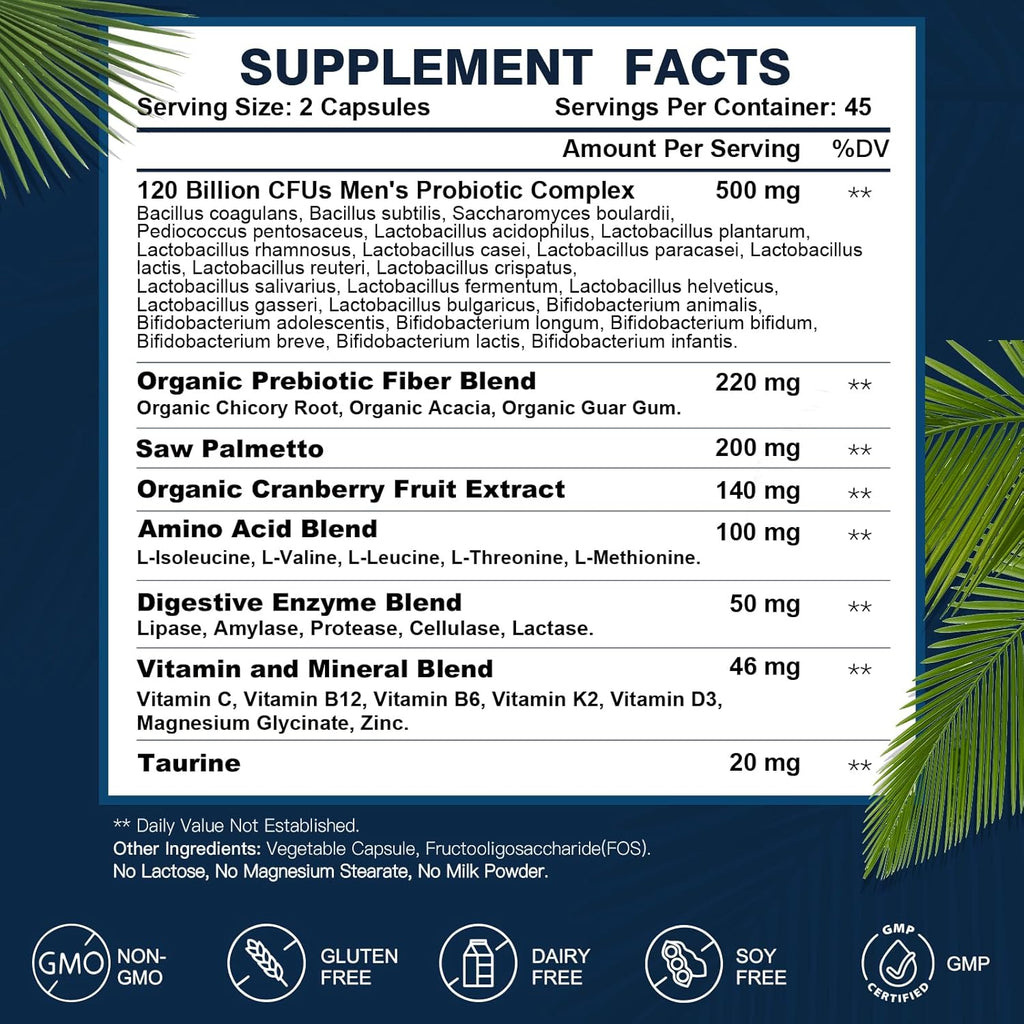 DRFOSTER Probiotics for Men Digestive Health, 120 Billion CFU, 90 Capsules | with Digestive Enzymes & Prebiotics & Saw Palmetto & Cranberry for Gut, Prostate & Urinary Tract Health, Shelf Stable