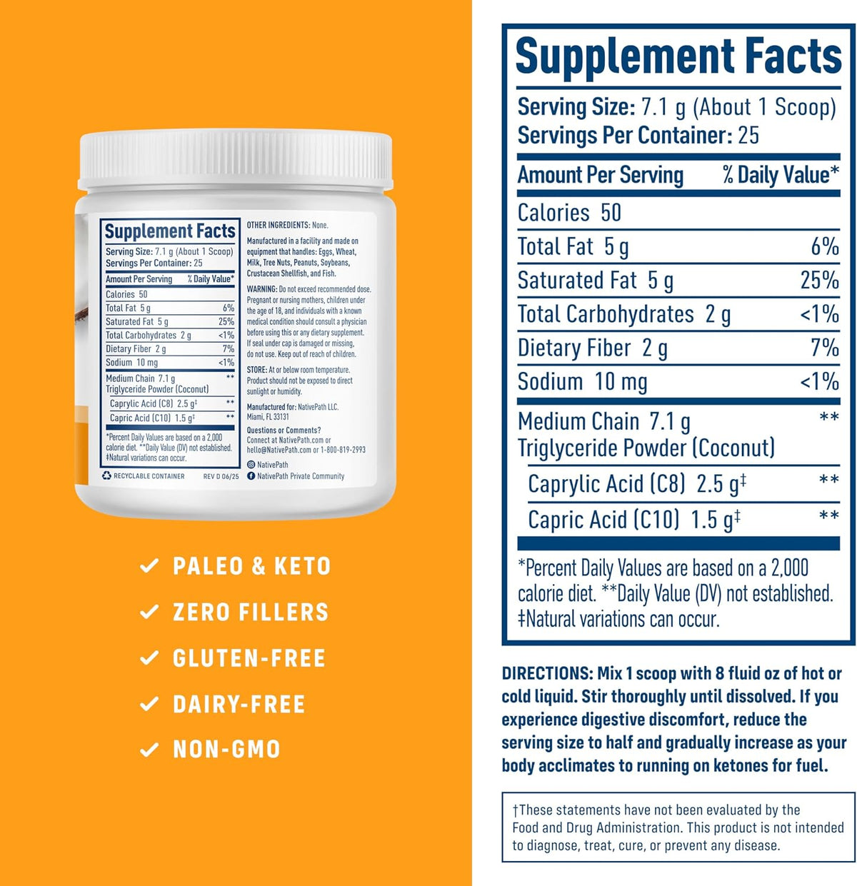 NativePath MCT Oil Powder, Keto C8 & C10, Unflavored, 25 Servings | From Coconut, Supports Clean Energy & Ketones, Coffee & Smoothies, Dairy-Free, Prebiotic Acacia Fiber