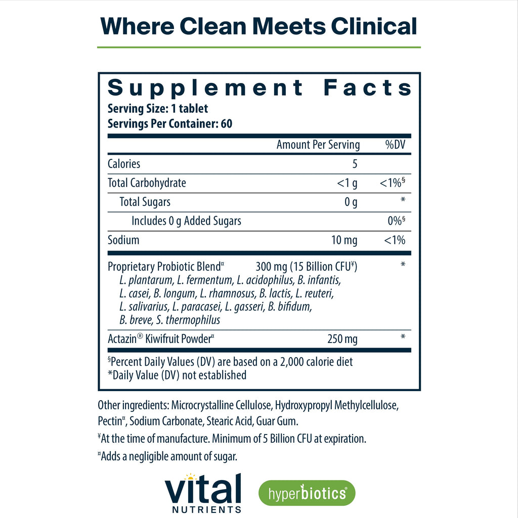 Hyperbiotics Vital Nutrients Pro-15 Advanced Probiotics for Women and Men | 15 Strains + Kiwifruit | Clinically Studied Daily Probiotics for Digestive Health, Gas, & Bloating | 30 Vegan Tablets