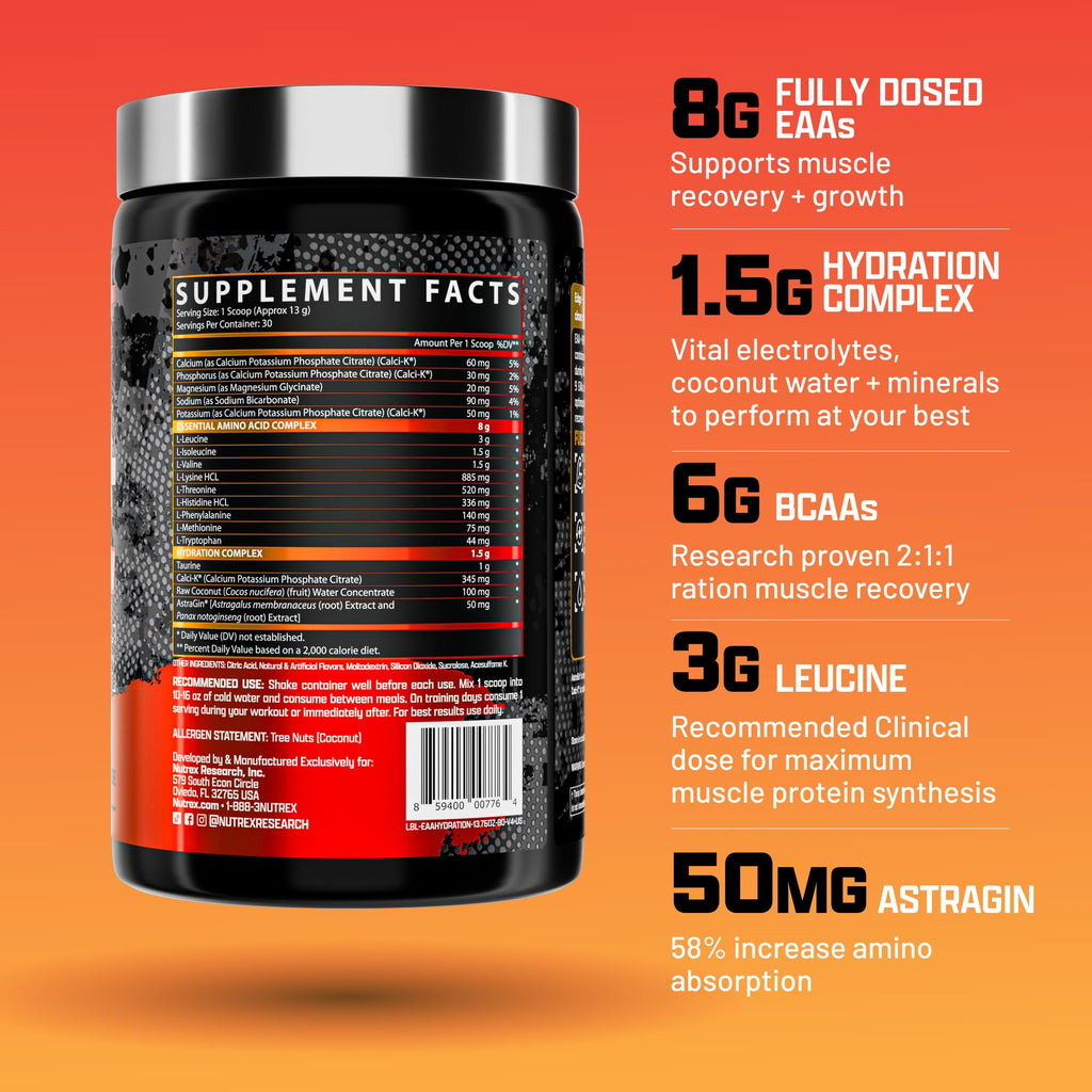 Nutrex Research EAA Hydration | EAAs + BCAA Powder | Muscle Recovery, Strength, Muscle Building, Endurance | 8G Essential Amino Acids + Electrolytes | Strawberry Watermelon 30 Serving