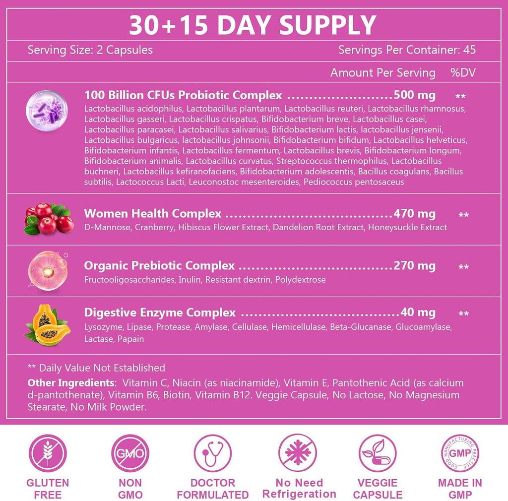 NATURE TARGET Probiotics for Women, 100 Billion CFU, 90 Veggie Capsules | Prebiotics & Enzymes Support Digestive Health & Gut Balance, With Cranberry For Vaginal & Urinary Tract Health, Shelf-Stable