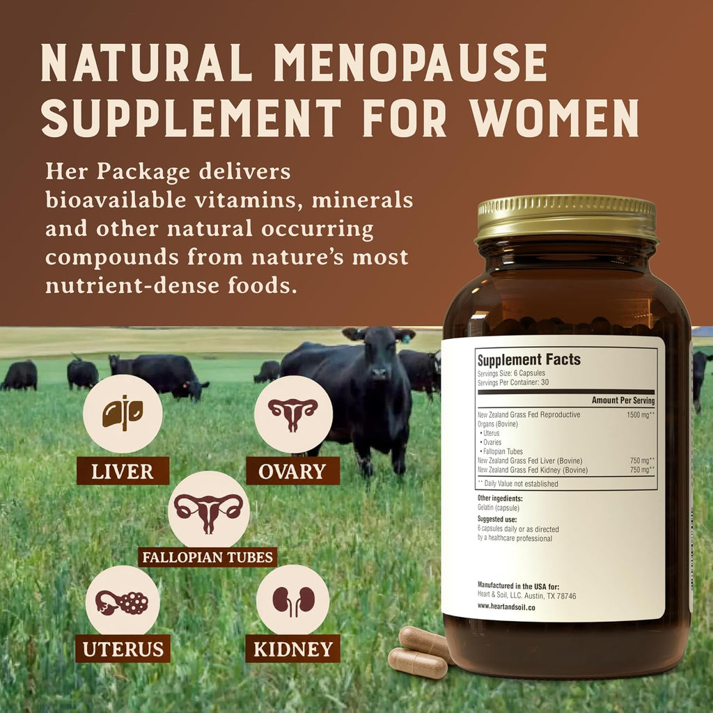 HEART & SOIL Her Package Supplement, 180 Capsules | 100% grass fed & finished ovary, uterus, liver & kidney. Helps maintain hormone balance & reproductive wellness.