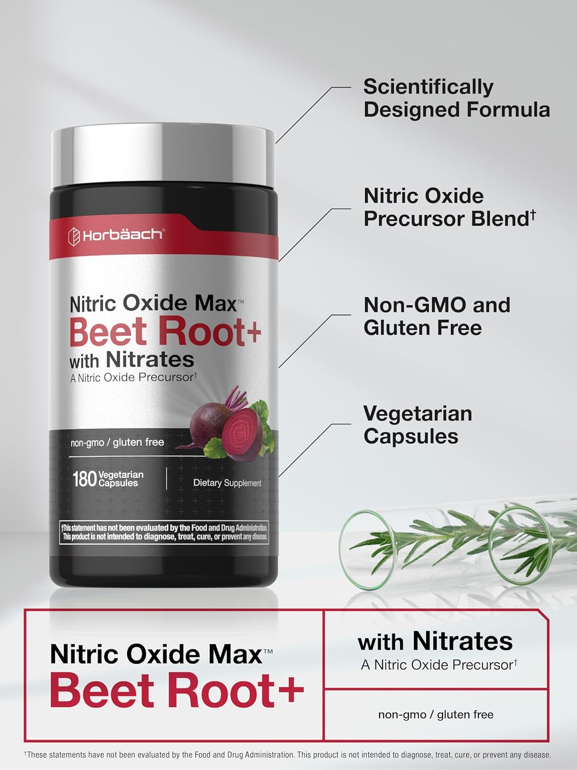 Horbäach Nitric Oxide Beet Root Capsules | 180 Count | with Nitrates and Precursor | For Men and Women | Vegetarian, Non-GMO, Gluten Free Supplement