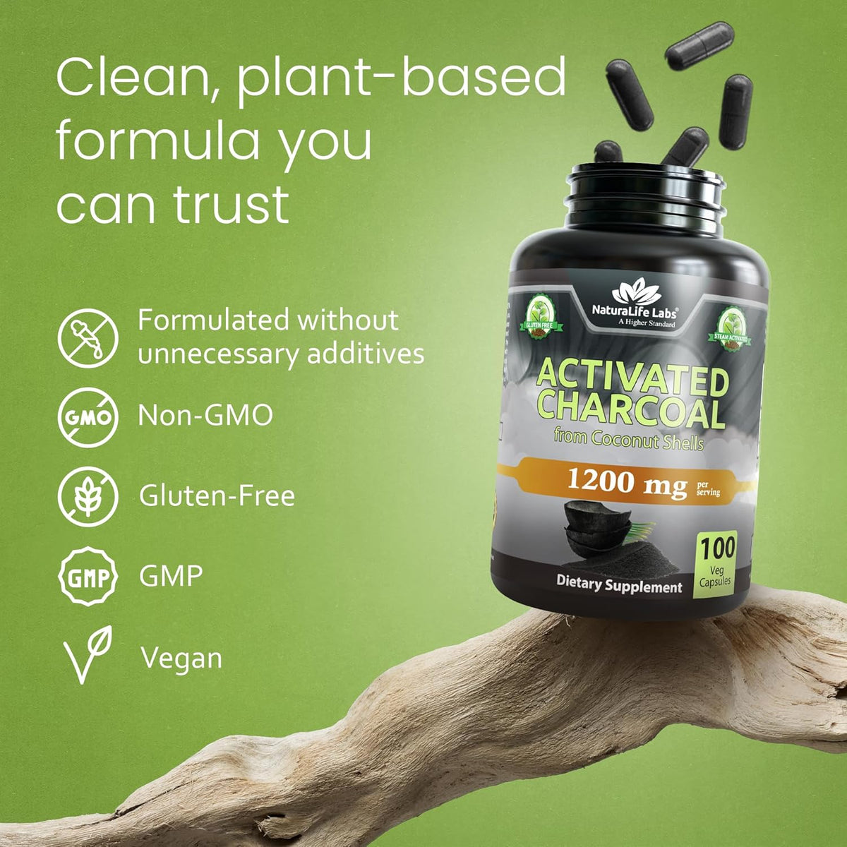 NaturaLife Labs Activated Charcoal 1200 mg per Serving – from Coconut Shells – 100 Veg Capsules – Non-GMO, Gluten-Free, Vegan