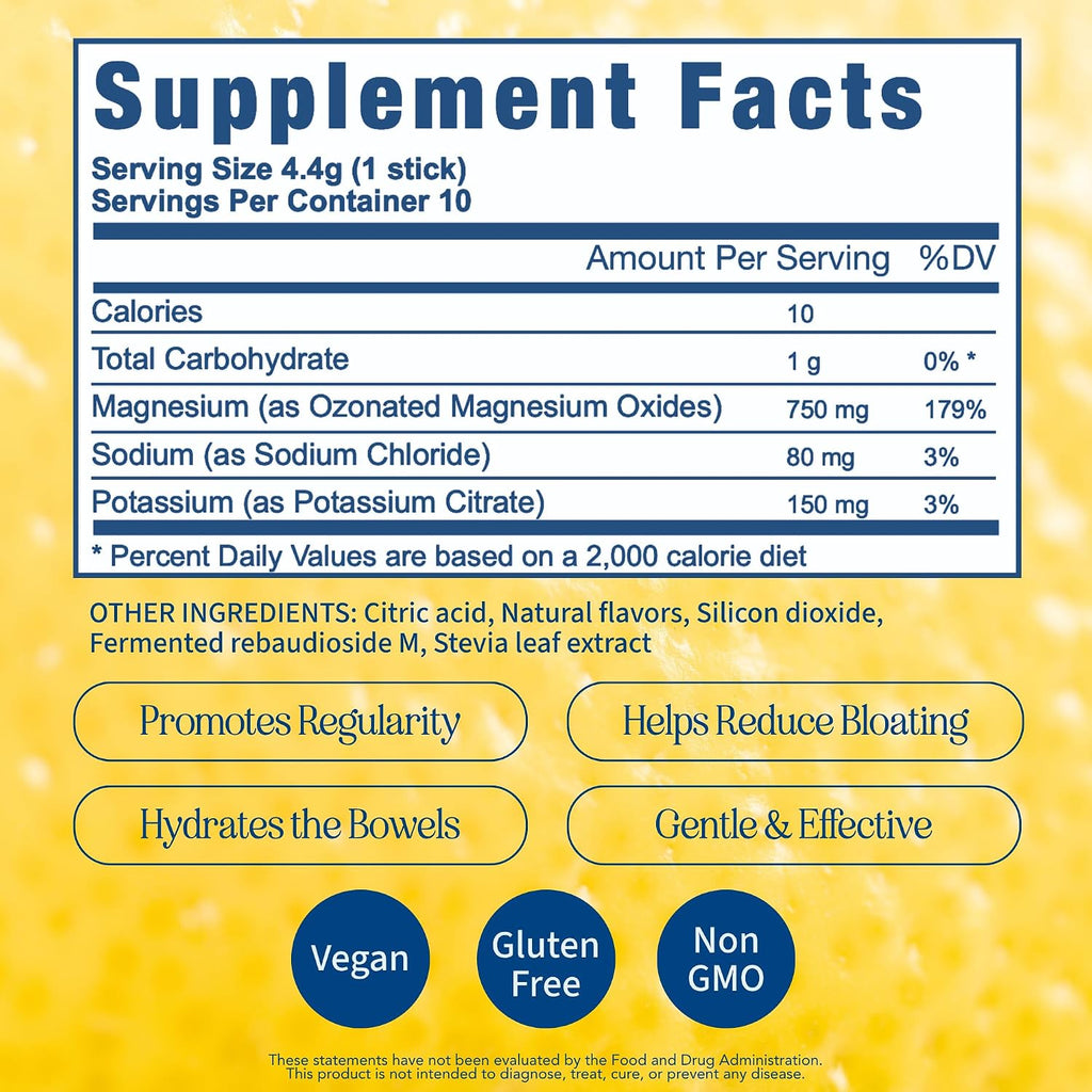 Let Loose Lemonade Magnesium Constipation Relief Drink Mix (10 Sticks) | Sugar-Free, Travel-Ready, Gentle Overnight Bloat & Bowel Movement Support for Women, Formulated with Ozonated Magnesium Oxide