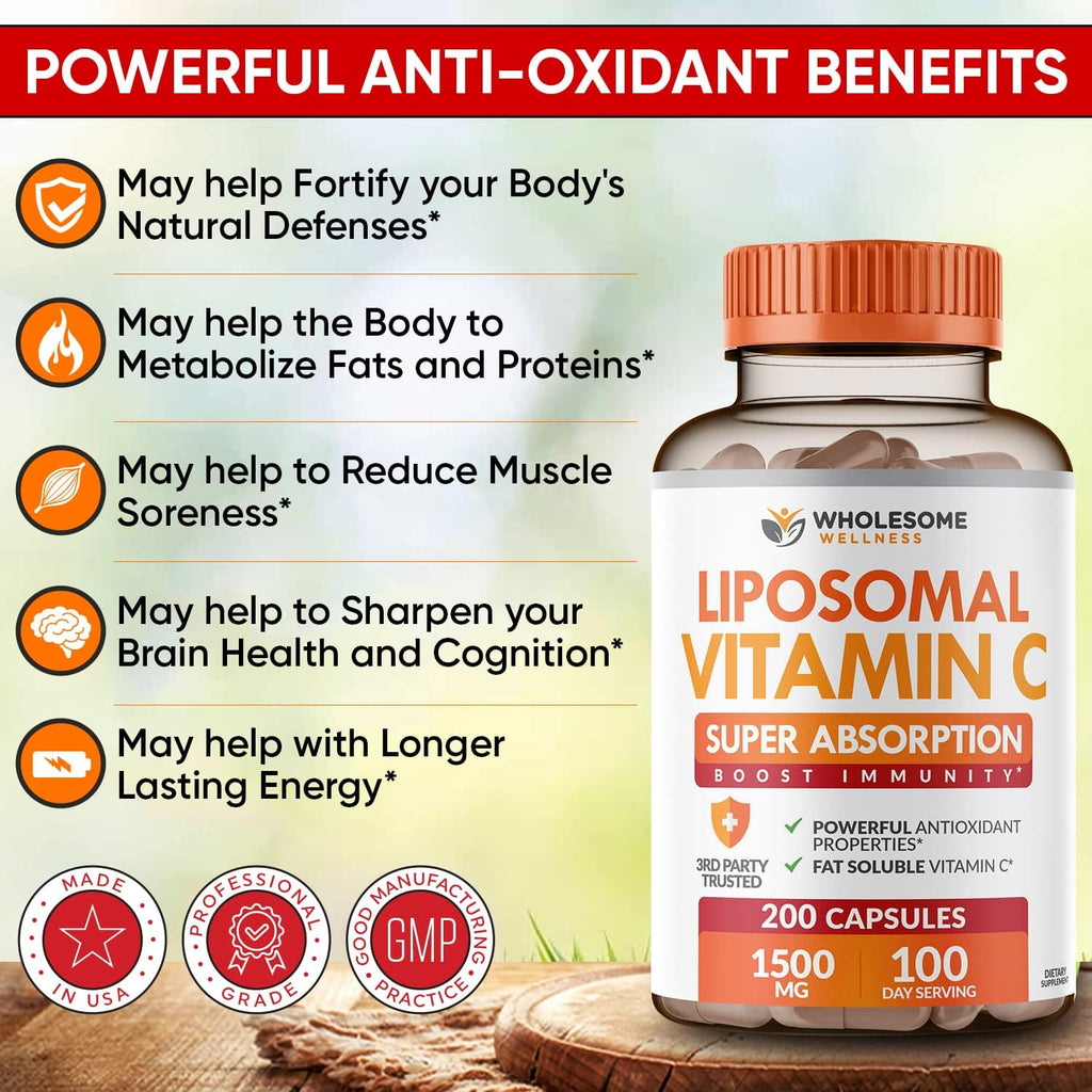 Wholesome Wellness Liposomal Vitamin C Capsules (200 Pills 1500mg Buffered) + Super-Absorb Multi Collagen Pills (Type I II III V X) Organic Herbs and Bioperine Bundle